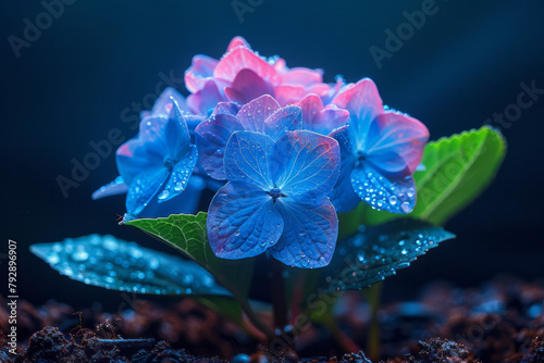 A scene showing the color change of a hydrangea flower from pink to blue as aluminum sulfate is adde photo