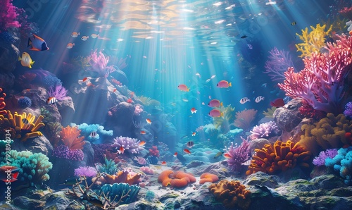 colorful coral reef with fish and sun rays in the background