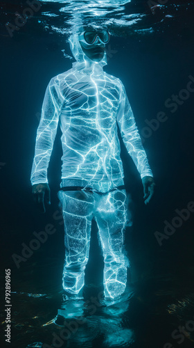Surreal Underwater Scene with Man Glowing Amongst Marine Bioluminescence