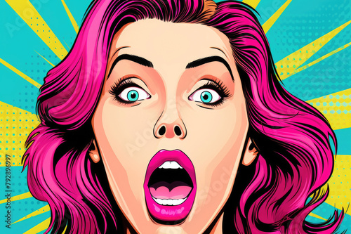 Bright pop art portrait of an astonished woman with neon pink hair and vivid yellow-blue backdrop.