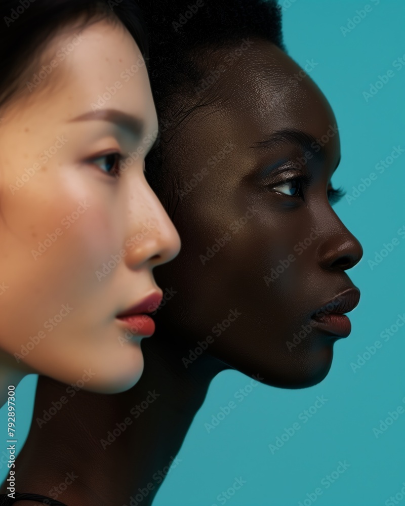 Portrait photography of female models of different nationalities on a light blue background. Portrait photography of female models of different nationalities on a light blue background.
