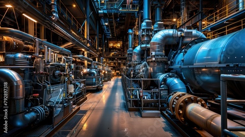Navigate the intricate landscape of modern industrial power plants, examining the sophisticated equipment, meticulously arranged cables, and intricate piping systems that define their operational core