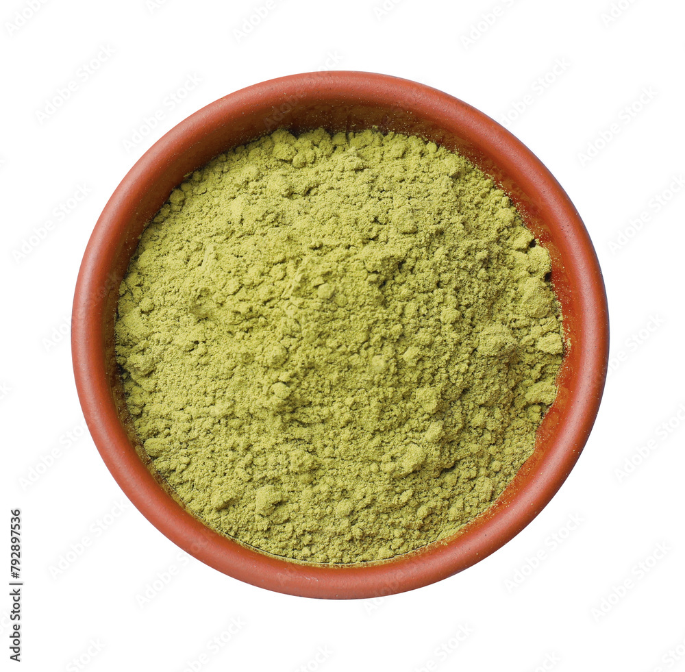 Henna powder in bowl isolated on white, top view Henna powder in bowl isolated on white, top view