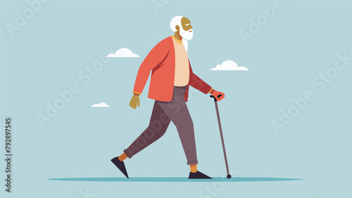 An elderly man struts confidently down the street aided by his smart neuroprosthetic walking cane which adjusts to his gait and terrain with ease..