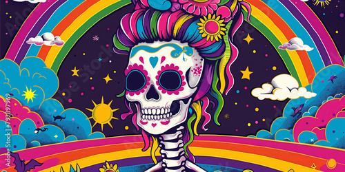 Festive Sugar Skull with Rainbow and Clouds Illustration
