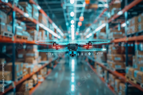 Embark on a journey of automated logistics as drones navigate through a warehouse, depicted in this captivating AI generative image. photo