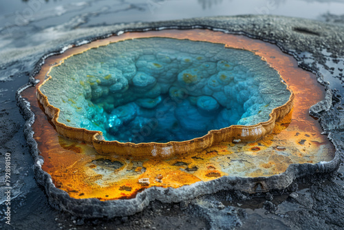 A photograph of a hot spring with naturally occurring mineral deposits crystallizing around the edge photo