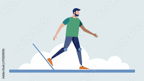 A person walking smoothly on a balance beam their advanced neuroprosthetic leg automatically adjusting to keep them stable..