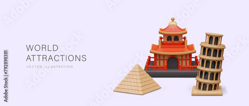 World attractions. Horizontal concept with famous buildings in realistic style
