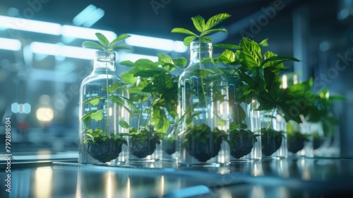Visualize a laboratory experiment representing the future of farming, featuring hydroponic pot-grown greenery