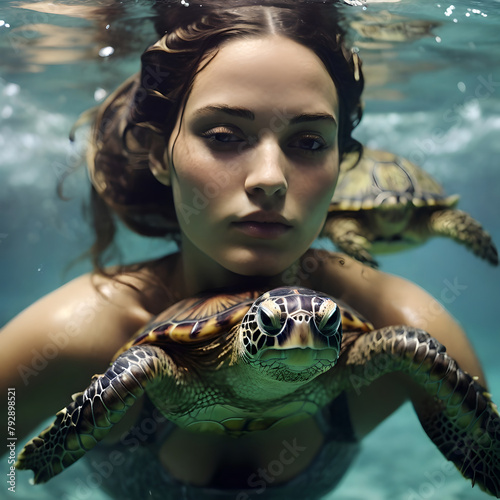Close up beautiful woman swimming with turtle (ID: 792898521)