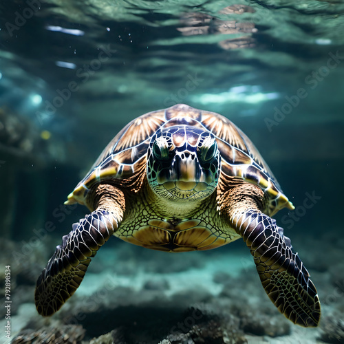 Closeup of a green sea turtle swimming underwater under the lights Ai image (ID: 792898534)