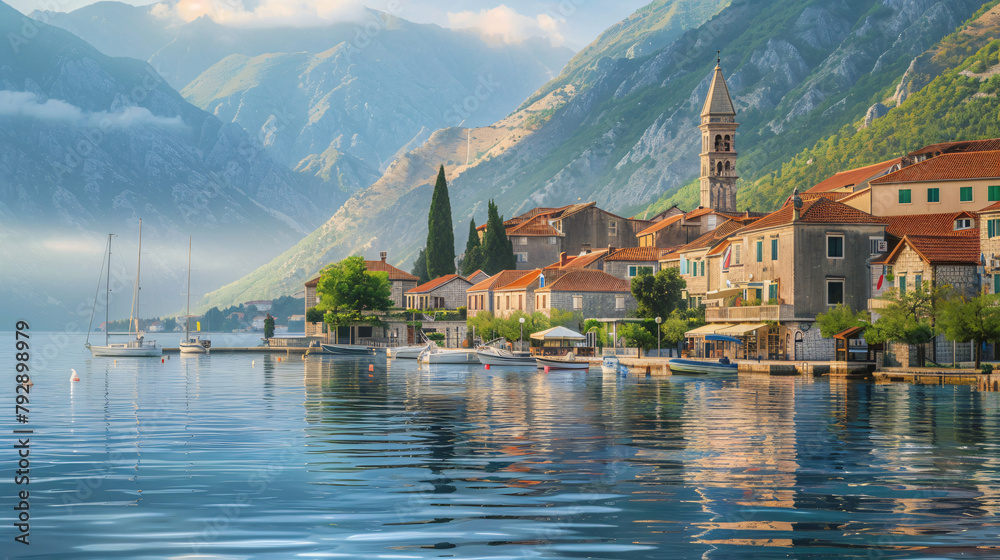Beautiful view of Perast town in Kotor bay Montenegro.