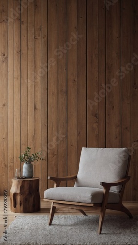 Contemporary Serenity, Empty Room with Wooden Accent Wall & Comfortable Chair