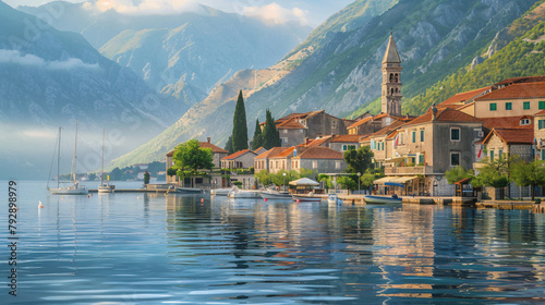 Beautiful view of Perast town in Kotor bay Montenegro. photo