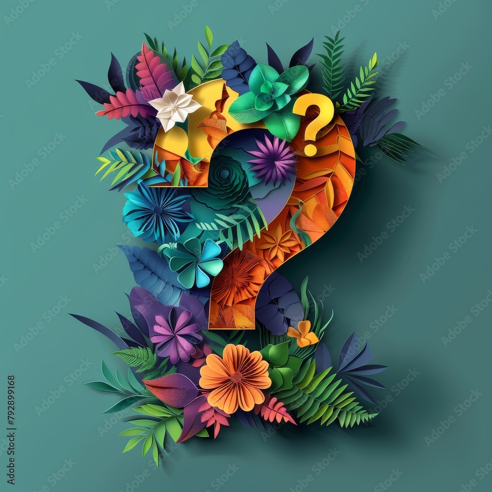 Colorful question mark with numbers, in the style of paper craft style and plants on dark background. Quisling paper art design vector illustration for festival banner or poster template Colorful question mark with numbers, in the style of paper craft style and plants on dark background. Quisling paper art design vector illustration for festival banner or poster template