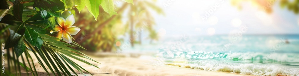 Palm leaves on the sea coast in the light of the summer sun. - obrazy, fototapety, plakaty 