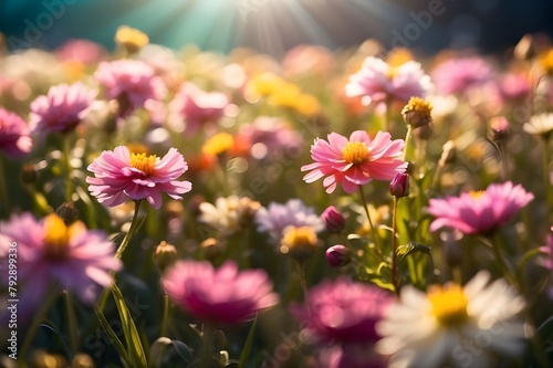 Flower field in sunlight  spring or summer garden background in closeup macro view or flowers meadow field in morning light