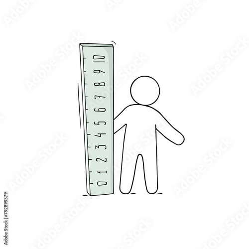 Cartoon icon - man standing with ruler. Doodle cute pupil with school supply. Hand drawn cartoon vector illustration.