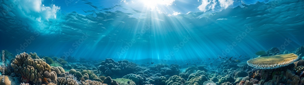 Fototapeta premium The underwater world in clear water, with sunlight penetrating under the water.