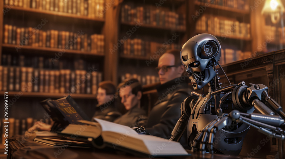 Machine learning. Robot reads a book in the library. Machine learning. Robot reads a book in the library.