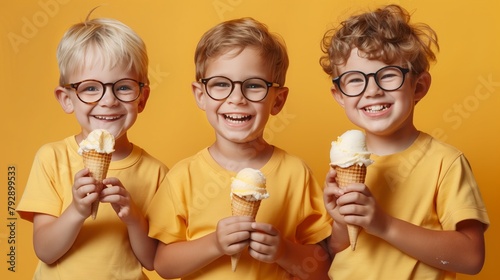 Three cute happy little boys with glasses in yellow t-shirts have ice cream on an isolated light orange background.