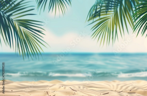 Beautiful summer background with palm leaves and sandy sea beach under a blue sky. The background is blurred. Copy space.