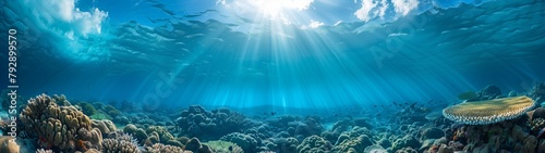 The underwater world in clear water, with sunlight penetrating under the water. photo