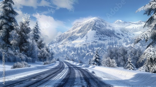 Visualize a serene winter wonderland as a snow-lined road stretches ahead  leading to a majestic mountain in the background.