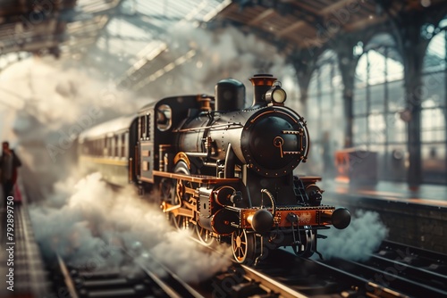 Railway Station with an old train and clouds of smoke. Tilt shift, Steampunk and retro-futurism style © Boraryn