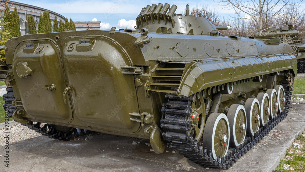 Tracked infantry fighting vehicle for the transportation of personnel. A Soviet armored combat vehicle for transporting riflemen and fire support. Doors for landing in a combat vehicle. Tracked infantry fighting vehicle for the transportation of personnel. A Soviet armored combat vehicle for transporting riflemen and fire support. Doors for landing in a combat vehicle.