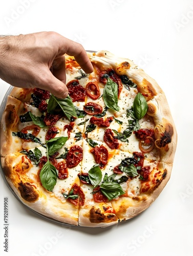 Artisanal Pizza Adorned with Fresh Basil and SunDried Tomatoes on a HandTossed Crust photo