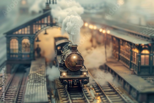 Railway Station with an old train and clouds of smoke. Tilt shift, Steampunk and retro-futurism style photo