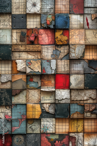 An image showing a series of small collages where each piece combines elements of old maps, textured