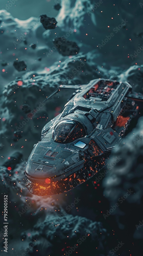 Naklejka premium Nanotech Shield: Spacecraft Braving the Solar Storms,Nanoparticle Fortress: Exploring the Depths of the Universe