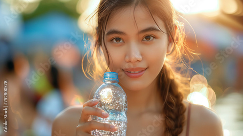 Happy slim woman drinking water after workout exercising in the city at sunrise. Young beautiful asian drinking water after jogging running outdoor. Healthy and active lifestyle concept.