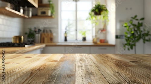 Empty wooden table top with blurred kitchen interior background for product display montage, 3D rendering.