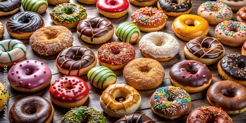 top view of various colorful donuts on wooden table background. birthday or holiday. for adverting top view of various colorful donuts on wooden table background. birthday or holiday. for adverting