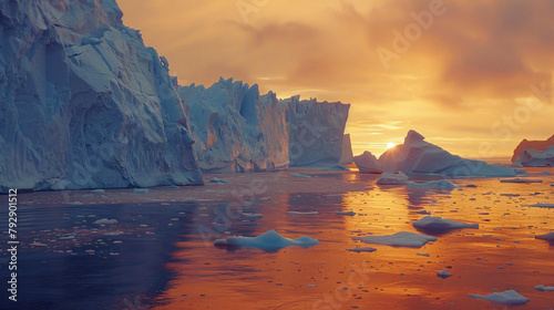 Big blue icebergs in the Ilulissat icefjord at sunset