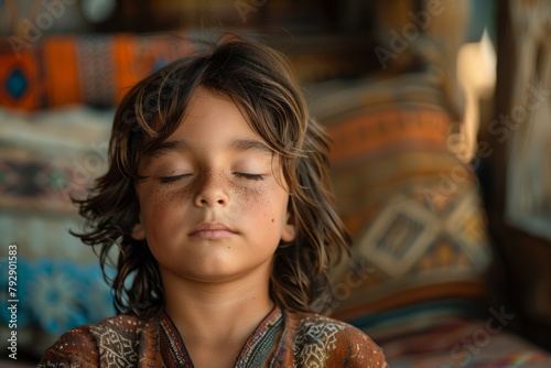 A photograph of a child relaxing and meditating, preparing mentally for the challenges of a new scho photo