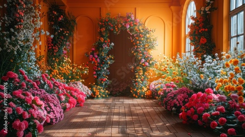 The wedding background and room for studio photos are filled with beautiful flower decorations