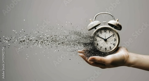 A hand holding alarm clock disintegrates into particles of time photo