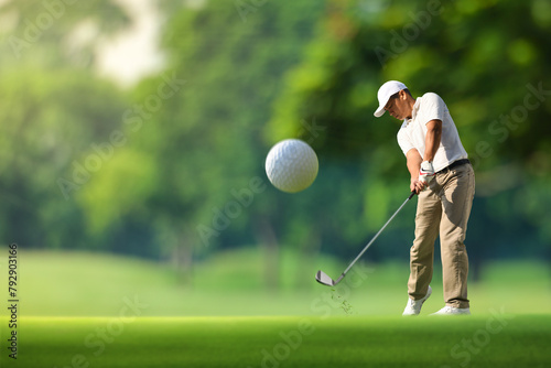 Golfer weight shift goft ball on fairway.