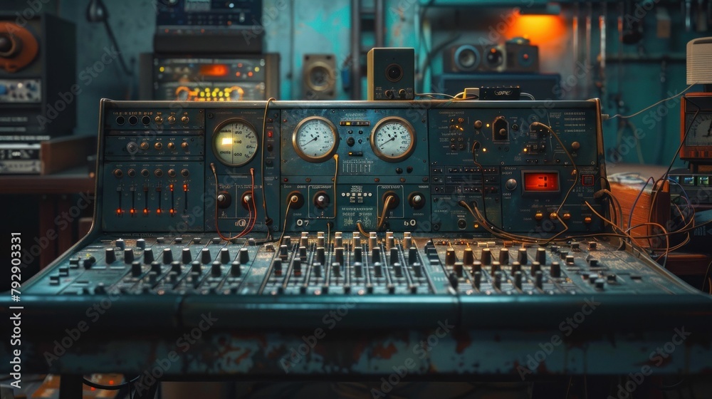Vintage Control Panel in a Room with Various Instruments and Electronic Equipment