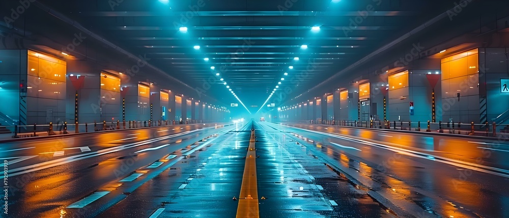 Innovative City Highway Overpass Design at Night to Alleviate Traffic Congestion. Concept Urban Planning, Traffic Solutions, Architectural Design, Night Lighting, Infrastructure Innovation - obrazy, fototapety, plakaty 