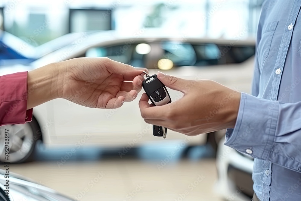 A man is handing a key to a woman in a car dealership A man is handing a key to a woman in a car dealership