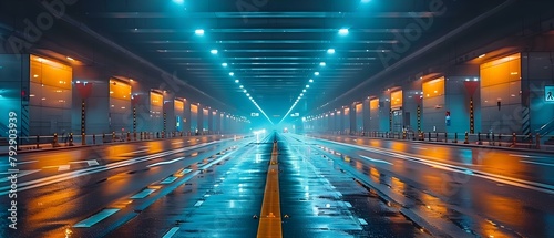 Innovative City Highway Overpass Design at Night to Alleviate Traffic Congestion. Concept Urban Planning, Traffic Solutions, Architectural Design, Night Lighting, Infrastructure Innovation photo