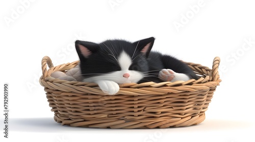Cute Tuxedo Cat Napping in a Cozy Wicker Basket in D Cartoon Icon Style © Wuttichai