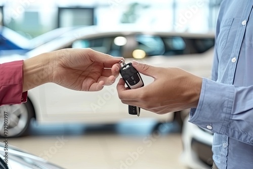 A man is handing a key to a woman in a car dealership