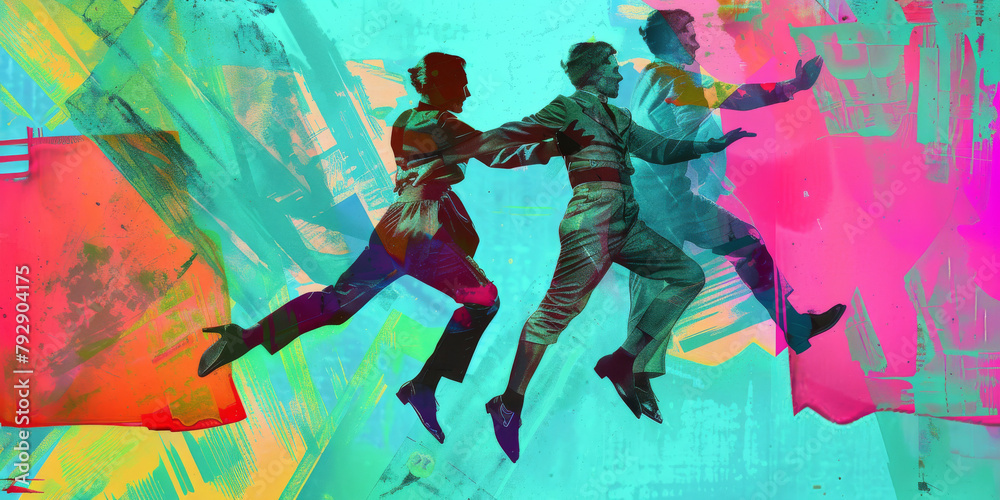Vibrant Abstract Painting of Young Couple Dancing in Colorful Motion